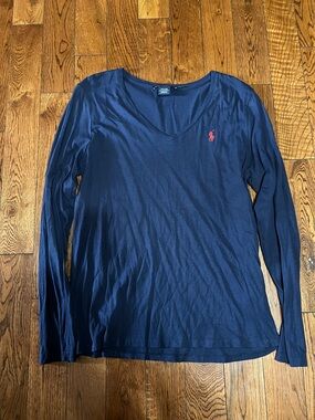 Ralph Lauren Navy V-Neck Long Sleeve Tee with Red Pony